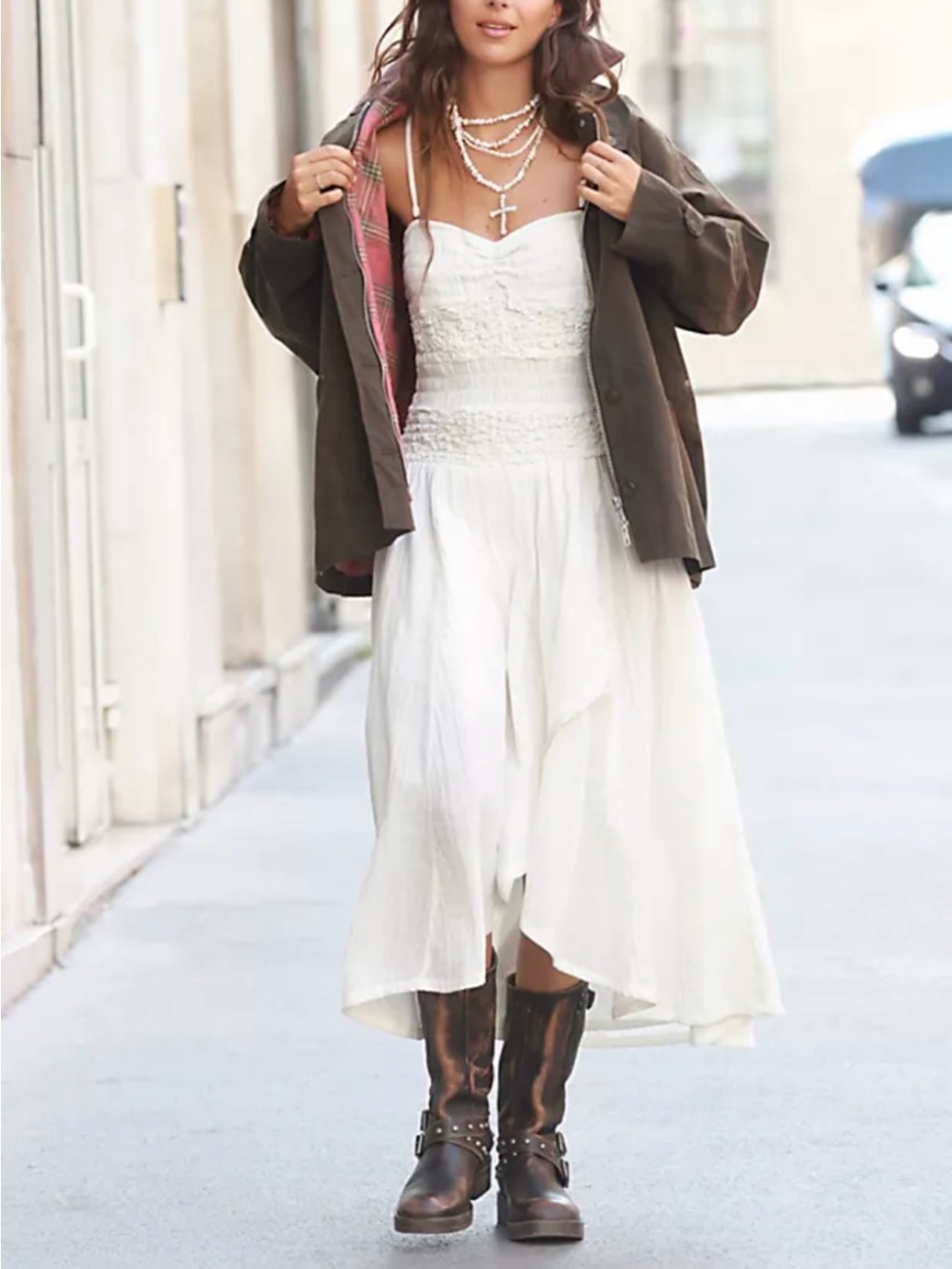 Free People Sparkling Moment Ivory High Low Smocked Drop Waist Midi Dress SMALL